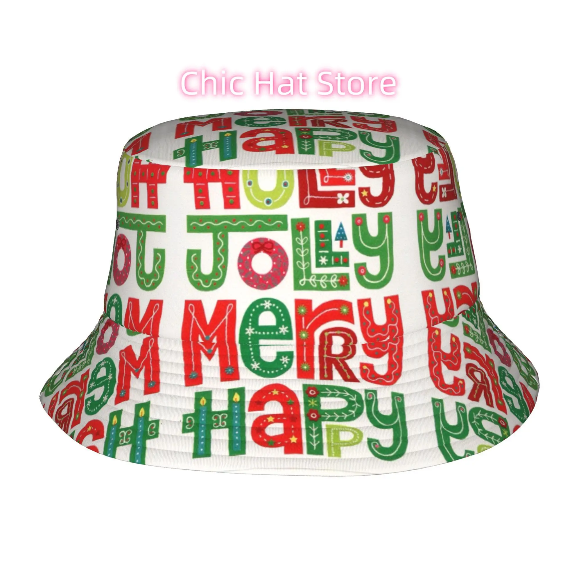 1pc Festive Holiday Words Fully Printed Fisherman Hat Beach Hat, Unisex Outdoor Sun Hats, Sun Hats, Fashionable Bucket