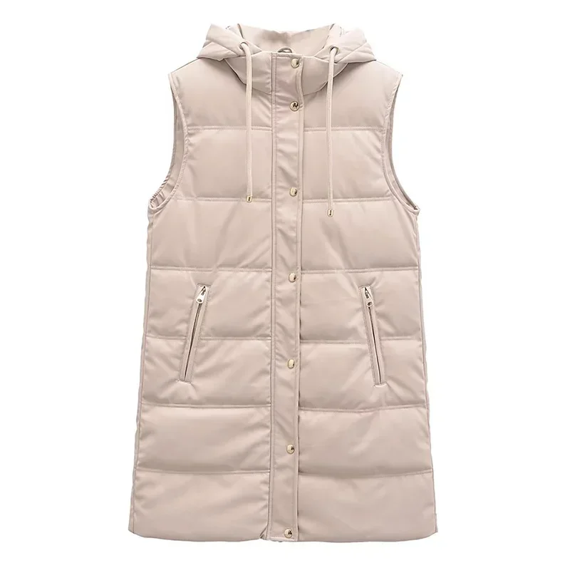 Women's Vest Fashion Winter Faux Leather Padded Long Jacket Hooded Coat White Sleeveles PU Female Waistcoat Chic Clothes Tops