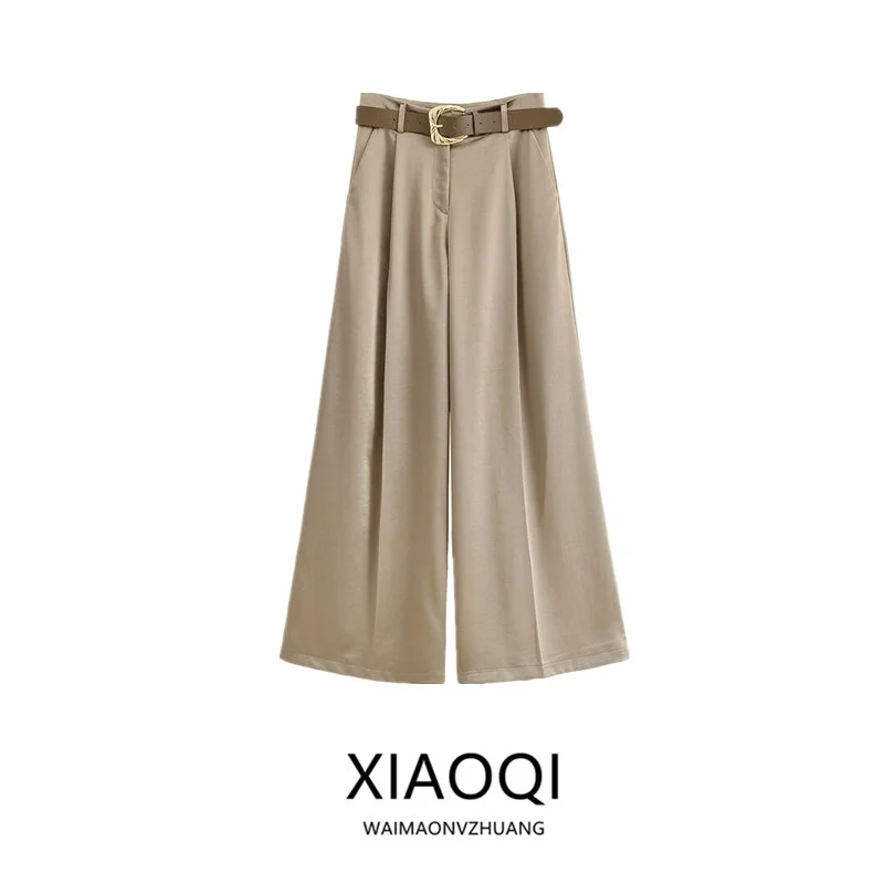 Primavera 2025 Pantaloni casual a gamba larga in raso di seta da donna con cintura a L Pantaloni lunghi in vita Collezione estiva Sle versatile