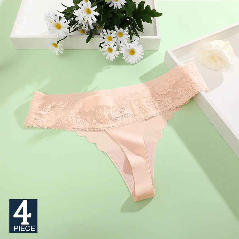 FINETOO 4PCS Women Sexy Lace Panties Floral Thong Ice Silk Underwear Tanga Intimates T-back Female Breathable Soft Lingerie