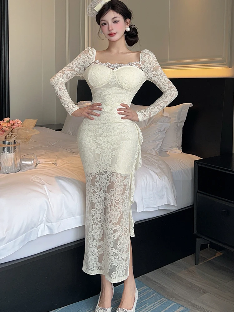 Корейское ретро-модное элегантное кружевное вечернее платье с квадратным воротником, женское однотонное сексуальное тонкое вечернее платье с оборками, жилеты, женская одежда Корейское ретро-модное элегантное кружевное вечернее платье с квадратным воротником, женское однотонное сексуальное тонкое вечернее платье с оборками, жилеты, женская одежда