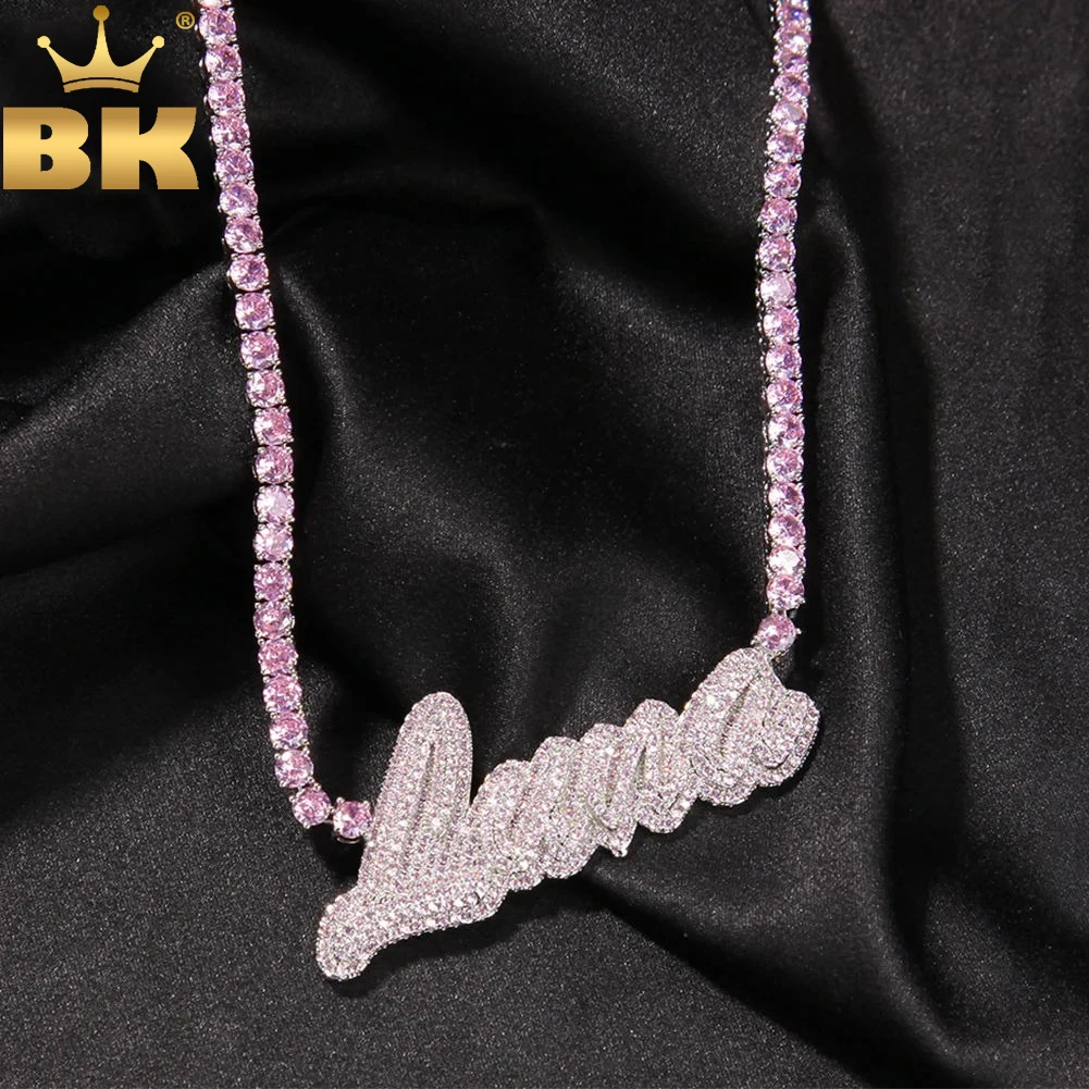 

TBTK Custom Name Necklace Cursive Letter Iced Out Pink Cubic Zircon With Tennis Chain Necklace Fashion Hiphop Jewelry