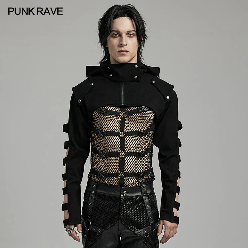 

PUNK RAVE Men's Punk Sleeves Are Hollow Loop Straps Short Coat Handsome Cool Stand Up Collar Casual Mens Jacket Autumn