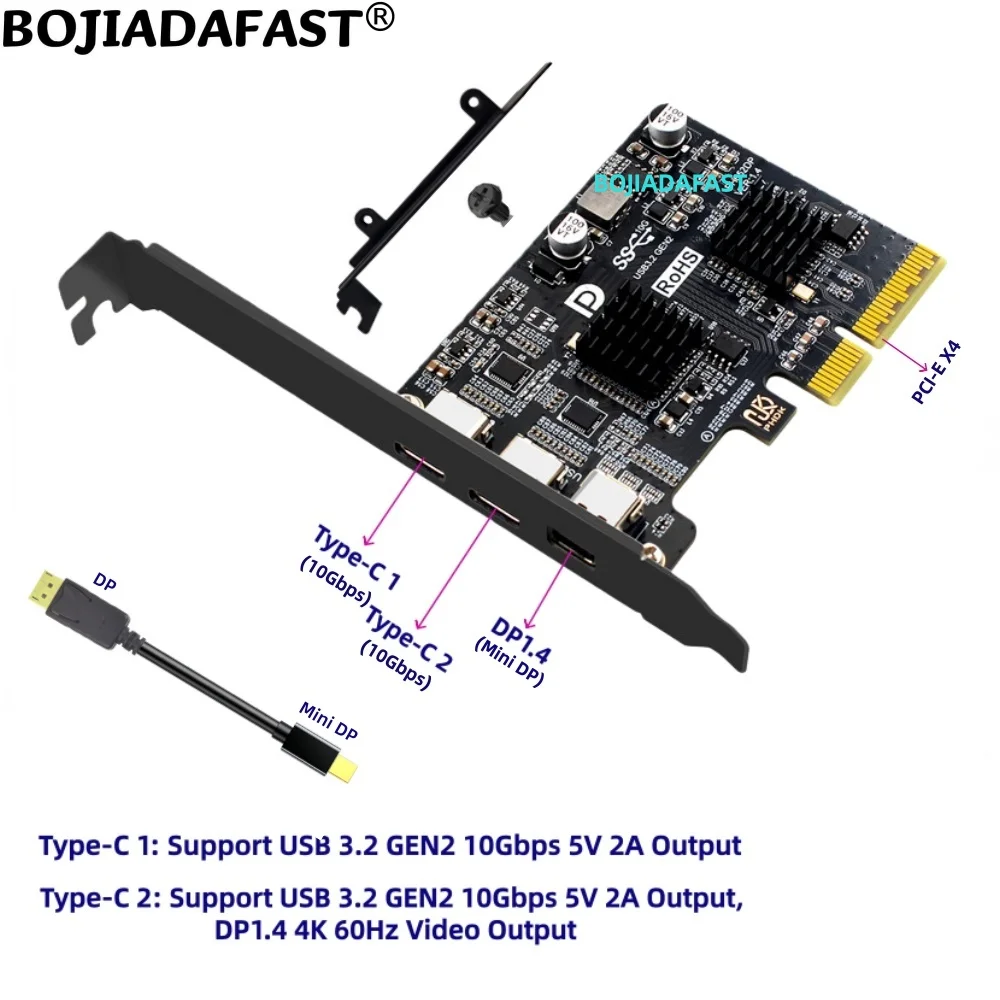 

PCI-E 4X to 2 * 10Gbps USB 3.2 Type-C 5V 2A Connector + DisplayPort Mini DP1.4 Video Input to 4K 60Hz Output Expansion Card