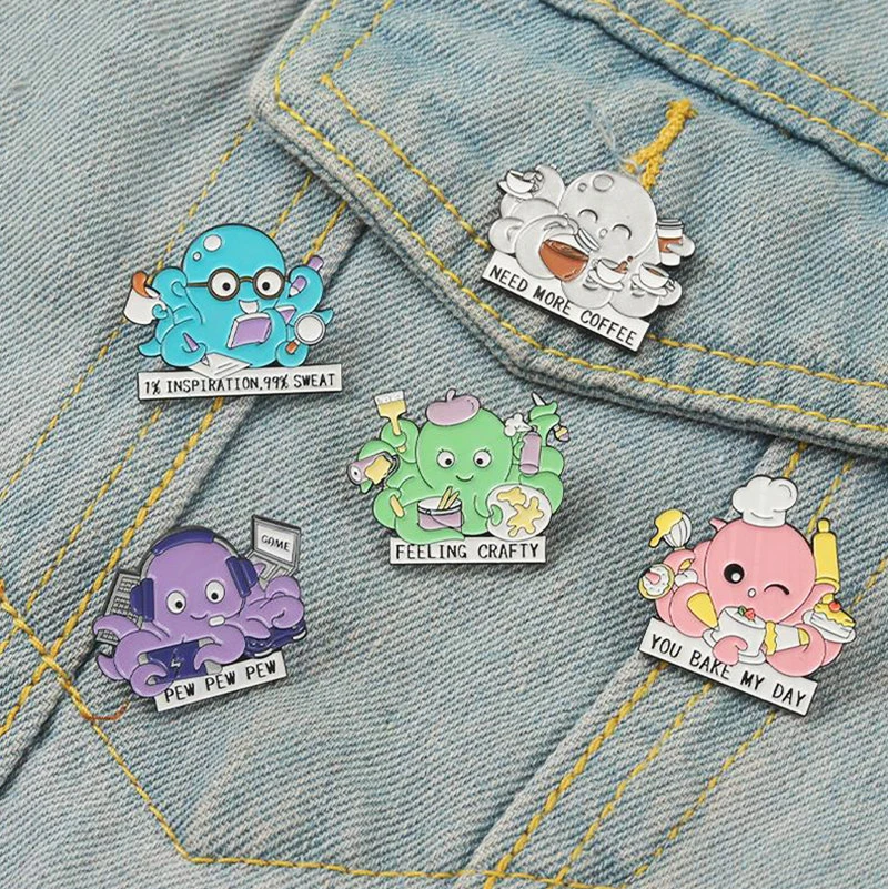 Desserts Programmer Pines Lapel Pins Shirt Badge Cartoon Ocean Jewelry Hard Working Octopus Enamel Brooch Custom Animal Painter