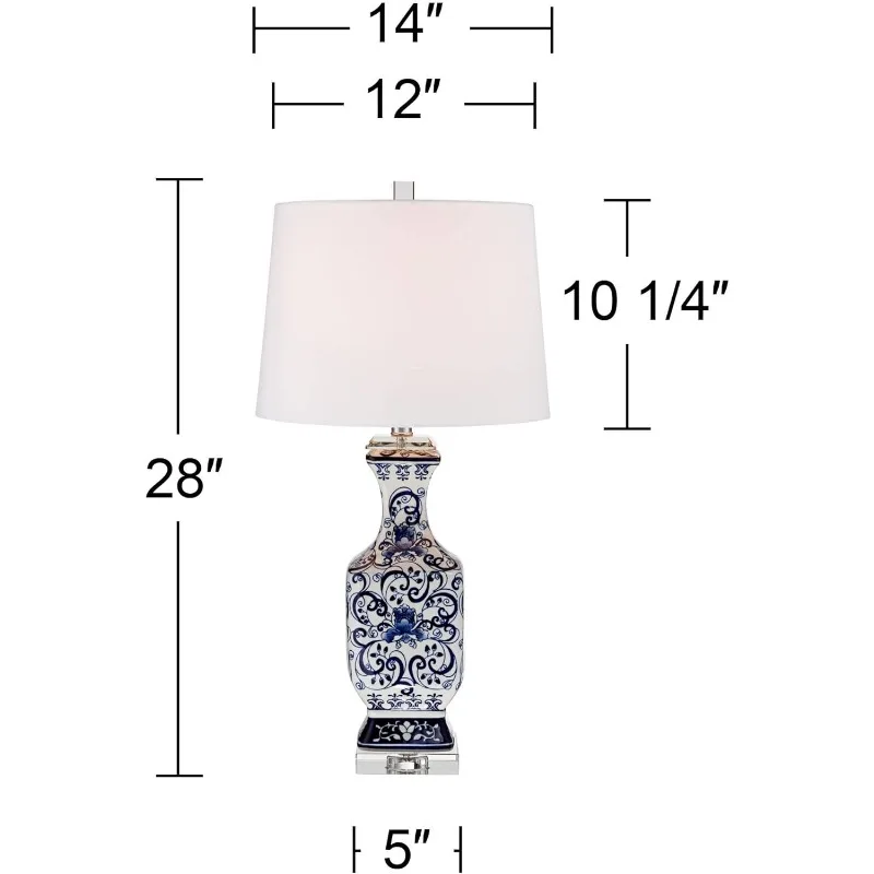 Iris-Lampes de table de style pot chinois asiatique, 28 "de haut, ensemble de 2, porcelaine bleue, cristal, Genève, tissu blanc, décor d'abat-jour de tambour