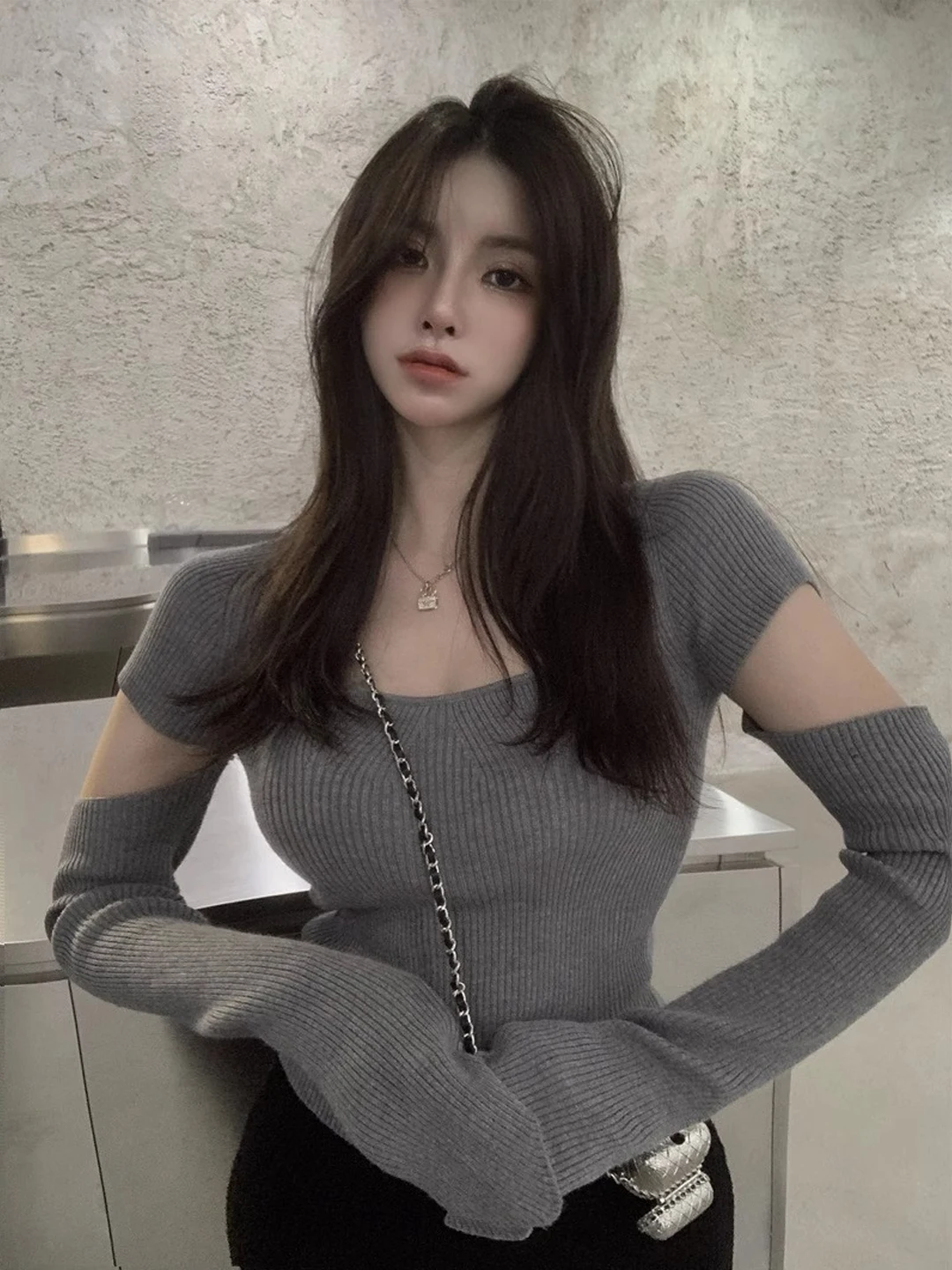 

Уникальный вязаный женский базовый воротник Svel Long Sve с квадратным воротником, осень-зима, новинка Sle Spicy Girl Faion ow Chest ...