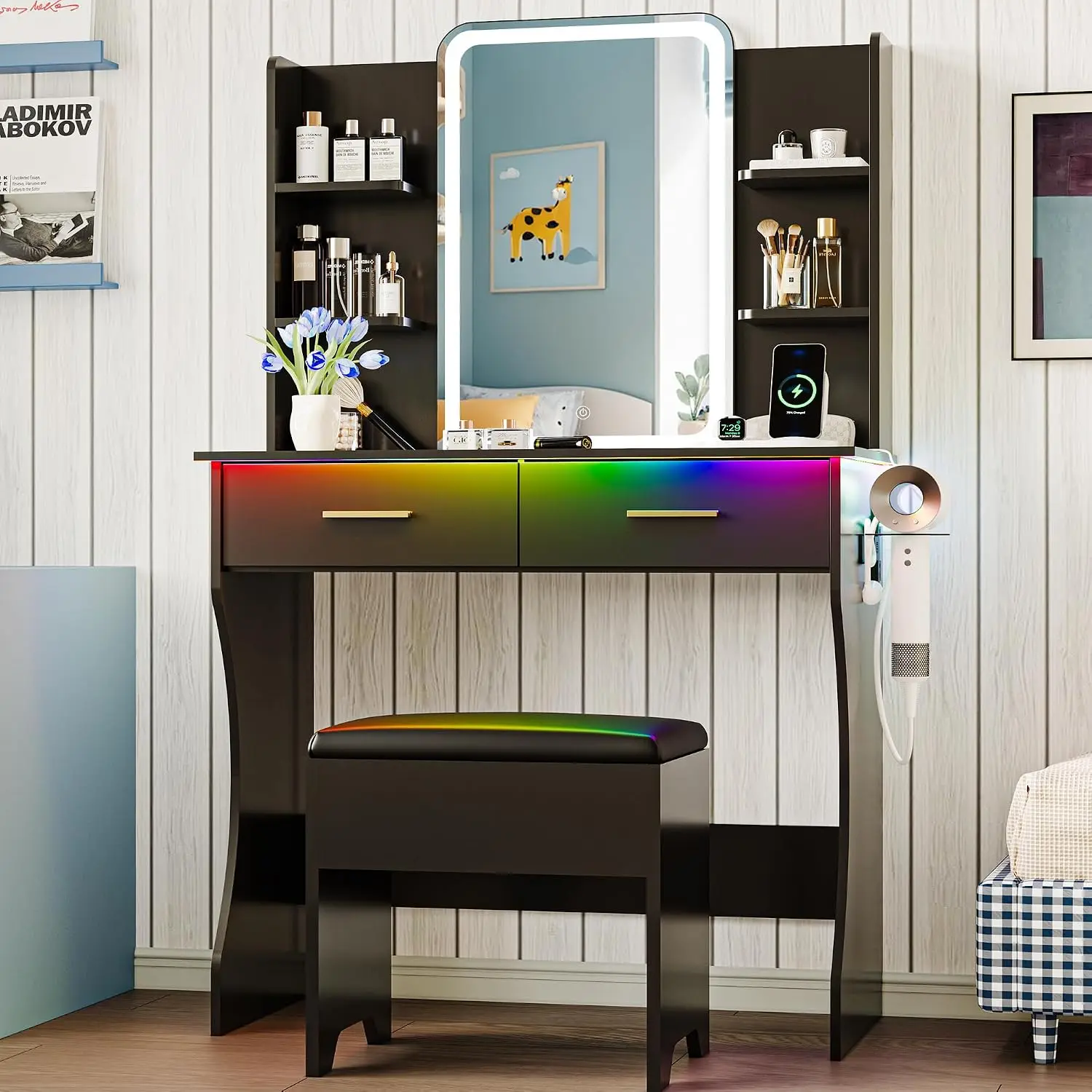 Vanity Desk with LED Lights Mirror & Power Outlet, Small Makeup Vanity Table Set with Storage Drawers & Chair, 3 Lighting