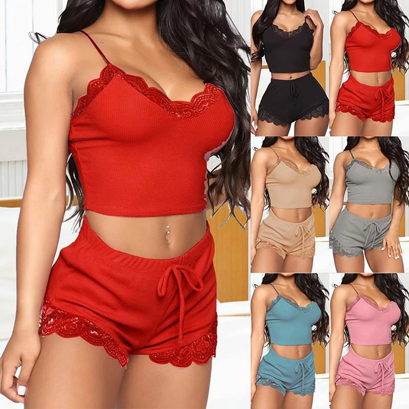 

Women Pajama Sets Sexy Lace Sleeveless Soft Pajamas Comfortable V-Neck Sleepwears Female Nightgown Night Wear Satin Nightdress