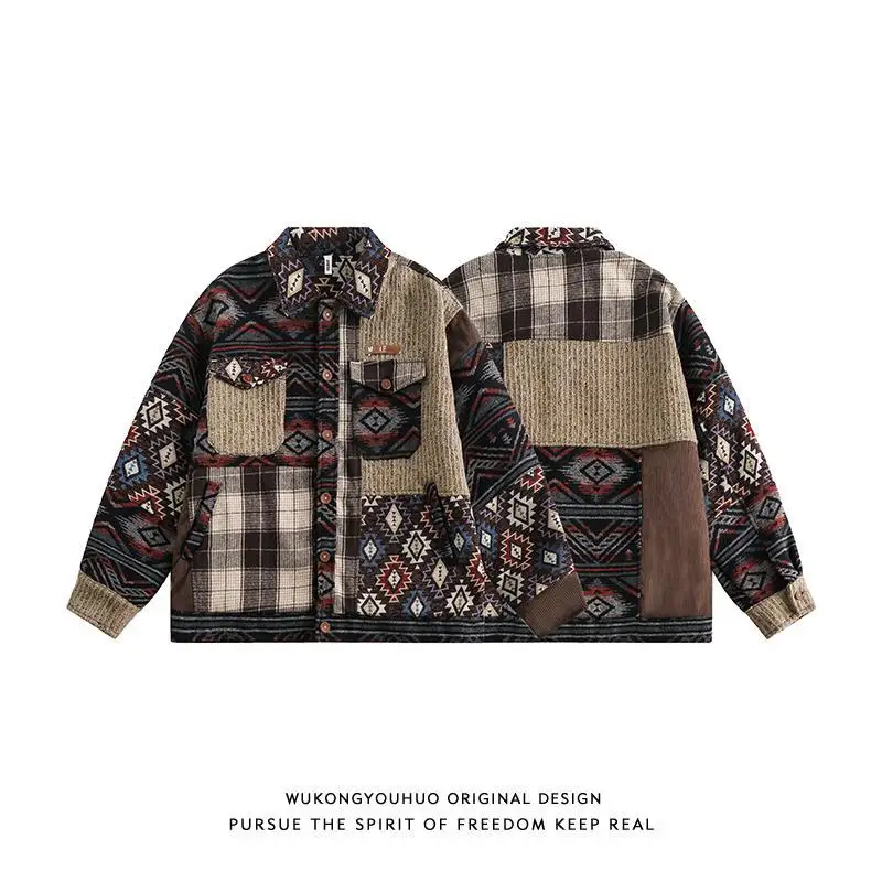 National Style Hip Hop Jackets Men Women Harakuju Color Block Patchwork Outwear Coats Streetwear Oversized