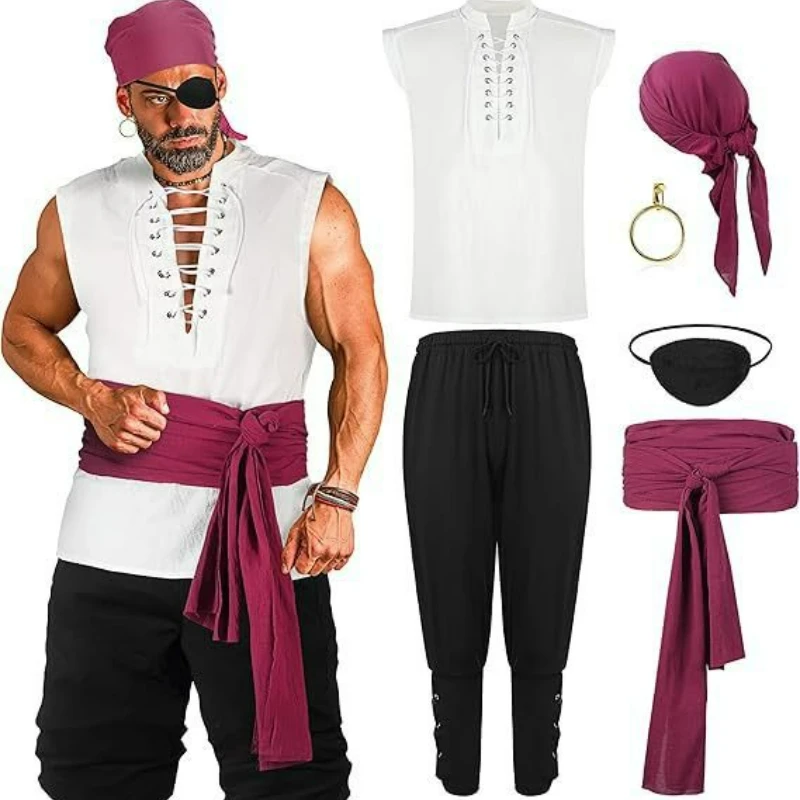 

2-Piece Halloween Men's Renaissance Costume Set Medieval Pirate Shirt Ankle Strap Pants Comfortable Breathable and Skin-friendly