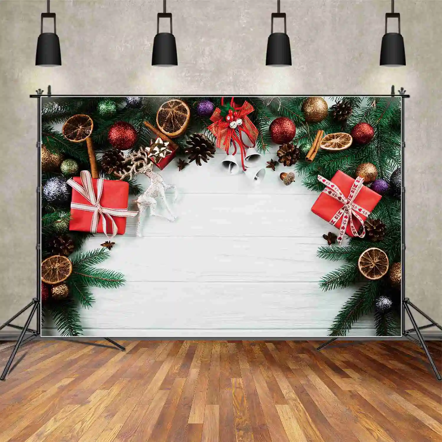 MOON.QG Photography Backdrop Christmas Party Reindeer Gifts Bell Wood Plank Backgrounds Ball White Wooden Board Wall Photo Booth