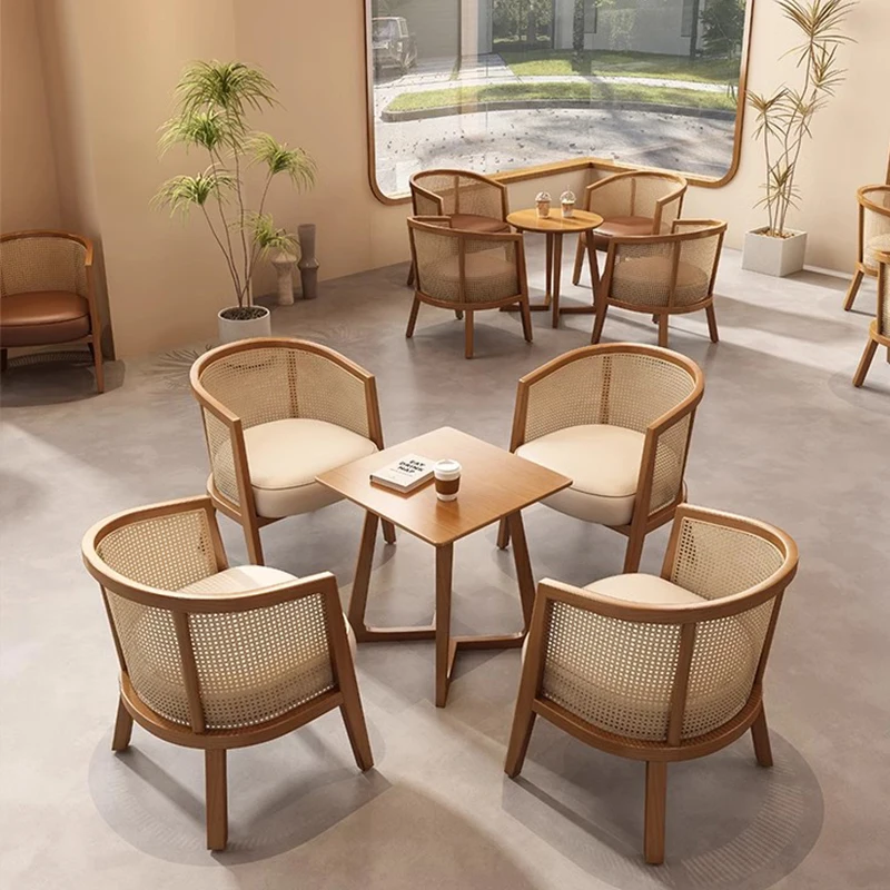 #Southeast Asian Commercial Coffee Shop Furniture Set Solid Wood Rattan Durable Armchair Table Restaurant Lounge Leisure Chairs