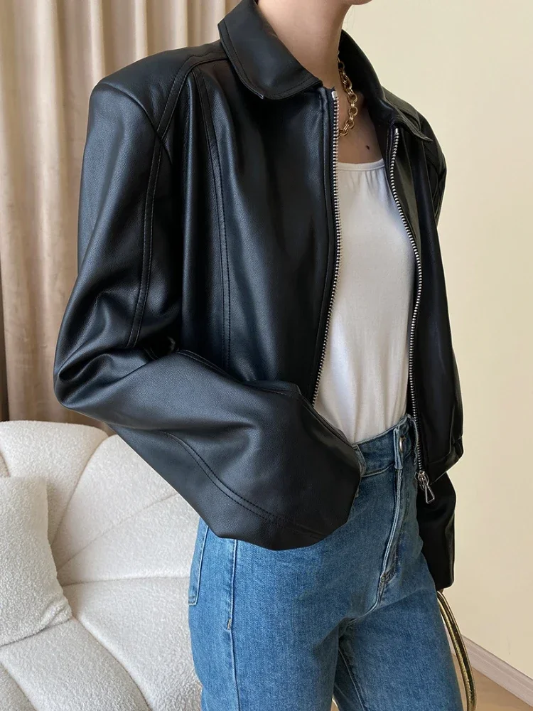 Veste en cuir PU simple pour femme, vestes de moto avec fermeture éclair, monochromatique et décontractée, tendance printemps et automne 2025