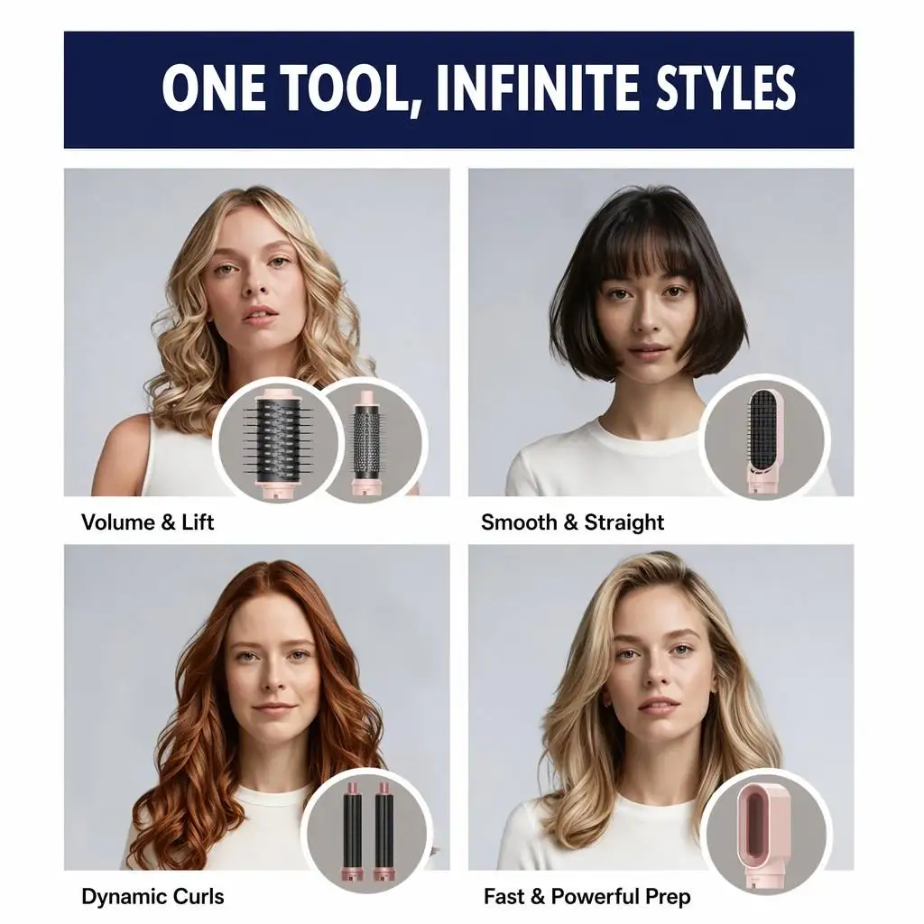 6-in-1 Hair Styler Smooth Hair Dryer with Curling Barrel Hot Air Brush Multi-Styling Tool for Salon-Quality Hair Styling