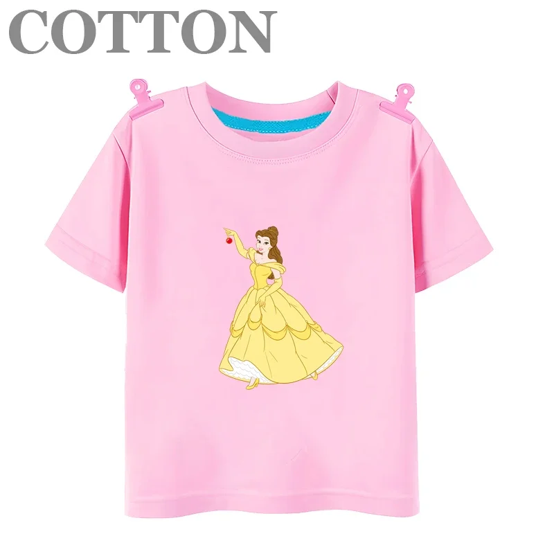 Disney Anime Flower Belle Princess Summer Fashion Cotton Children's Cartoon T-shirt Round Neck Casual Short Sleeve Print Pattern