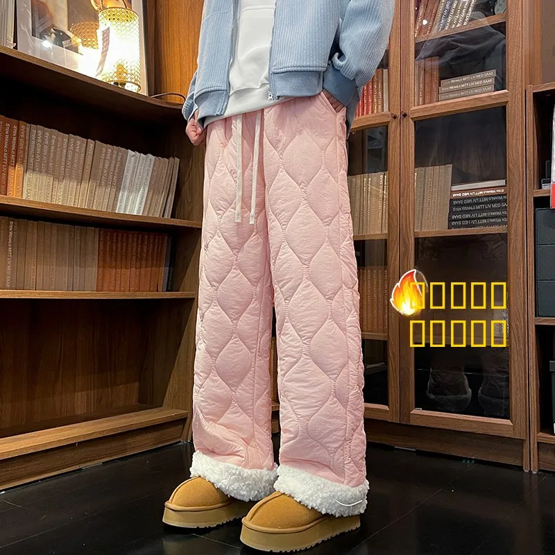 Men's Winter Cotton Trousers with Fleece  And Quilted Design Lamb Fur Warm Ski Pants Straight Leg Long Leisure Youthful view 2