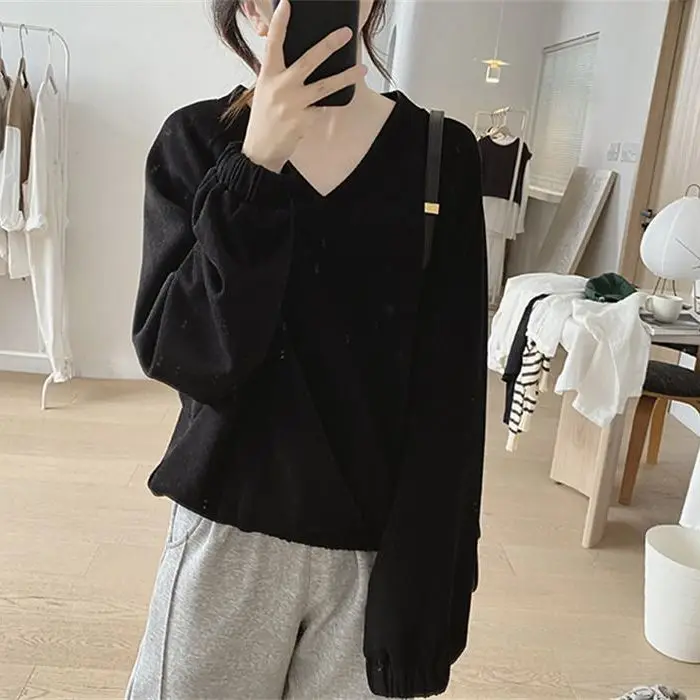 Korean Version New Temperament Commuting Women\'s Clothing Splice Pockets V-neck Long Sleeved Simplicity Solid Color Sweatshirts