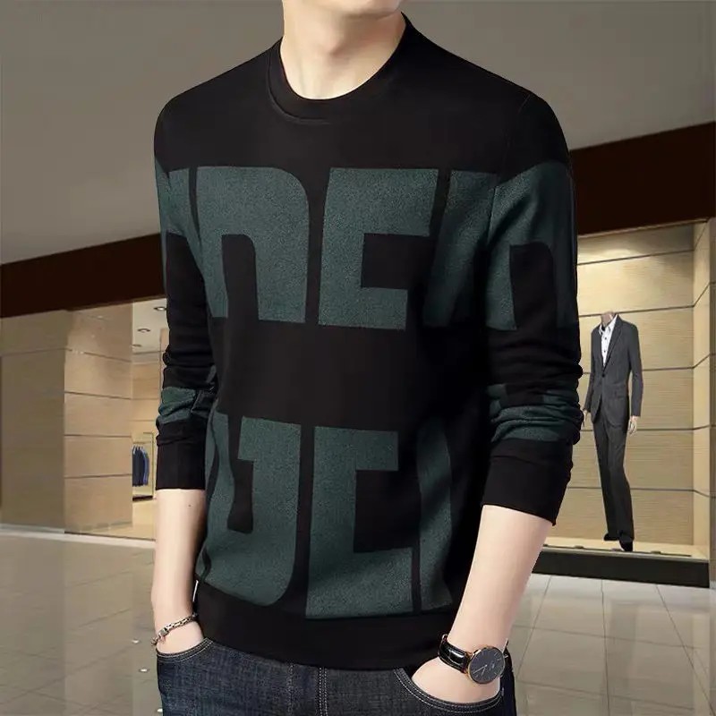 

New Sweatshirt Men's Spring Autumn Thin T-shirt Men's Long-sleeved Wool Top Men's Base Top Round Neck Fashionable