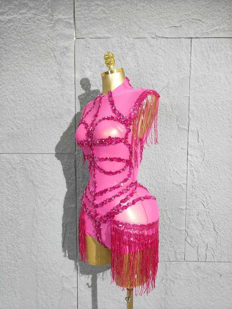 Avant-Garde Sexy Shining Sequins Tassel High Stretch Bodycon Bodysuit Latin Dancer Performance Costume Stage Wear
