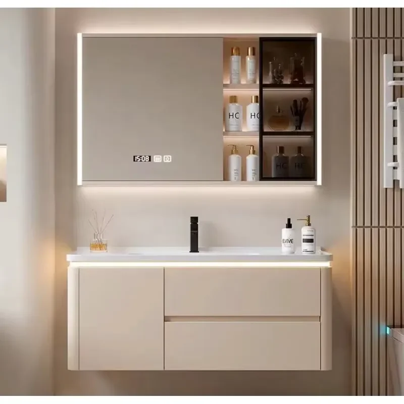Factory Modern Minimalist Solid Wood Bathroom Cabinet Multi-Layer Wood Color Vanity with Mirror Cabinet for Home or Villa