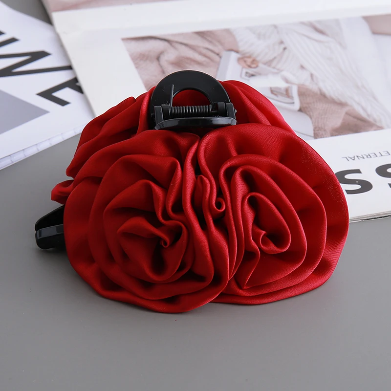 French Court Elegant Satin Rose Grab Clip with Large Shark Grab Clip on the Back of the Head