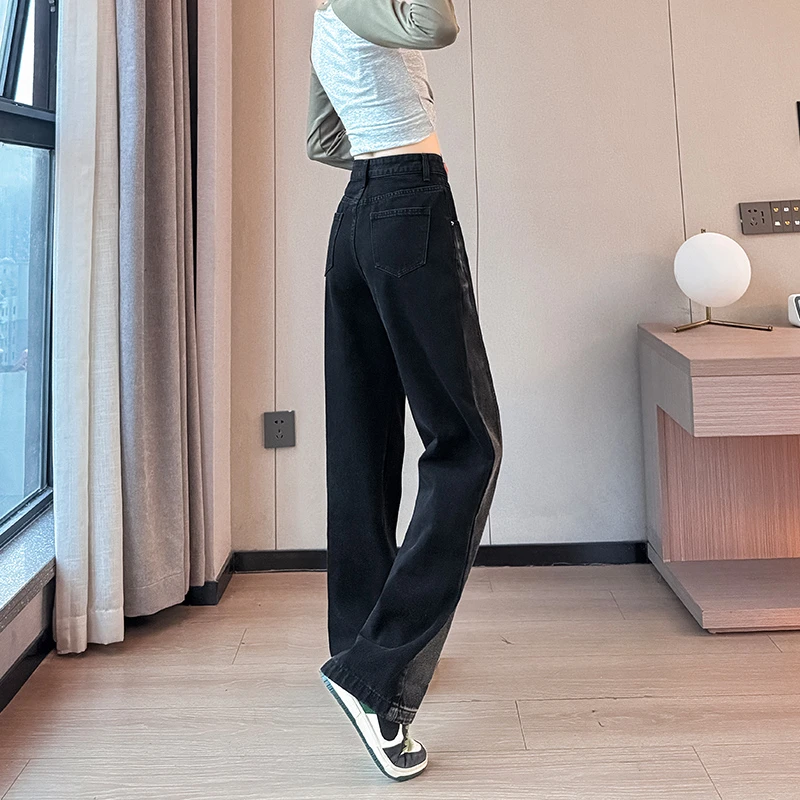 Black-and-gray wide-legged jeans women high waist black-and-white color design feeling loose straight tube floor pants