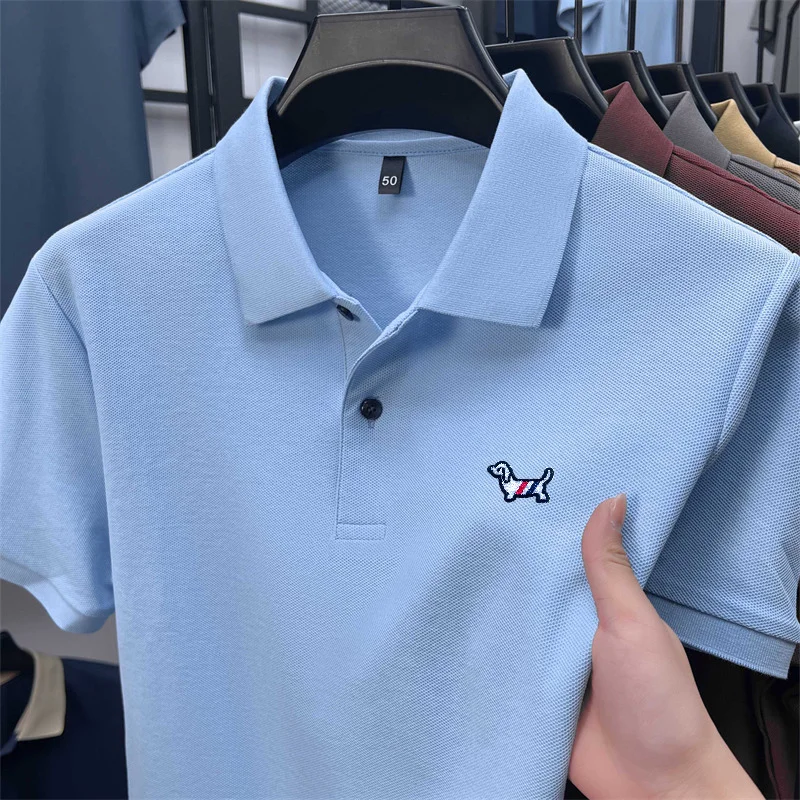 Luxury Men 100% Cotton Summer New Short-Sleeved Polo Shirt Lapel Button Dog Embroidery Daily Commute Tee Leisure Men's Clothing