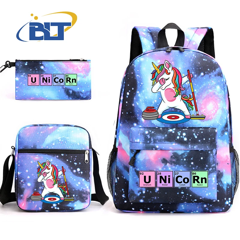 Cute Unicorn Print Youth School Bag Set, Kids Backpack, Shoulder Bag, Pencil Case, 3 Pcs