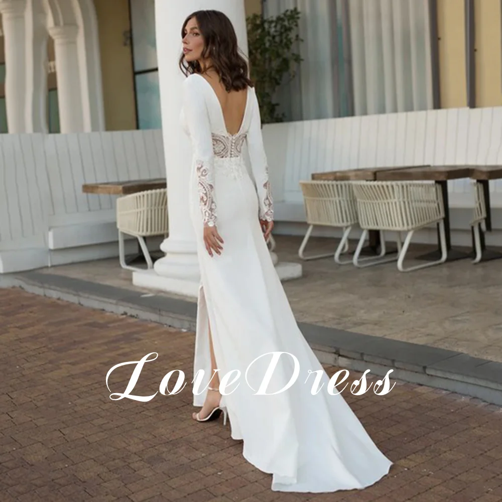 LoveDress-Elegant profunda V-Neck vestidos de casamento, mangas compridas, Split Lace, apliques, Praia, Spandex vestidos de noiva, sem encosto, Button Train