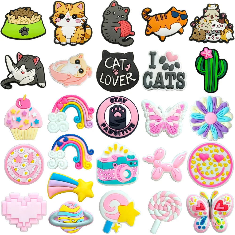 

Shoe Charms Cat Pink Cute rainbow smile Pins PVC DIY Sandals Accessories for Clogs Women Kids Girls Party Favors X-mas Gifts