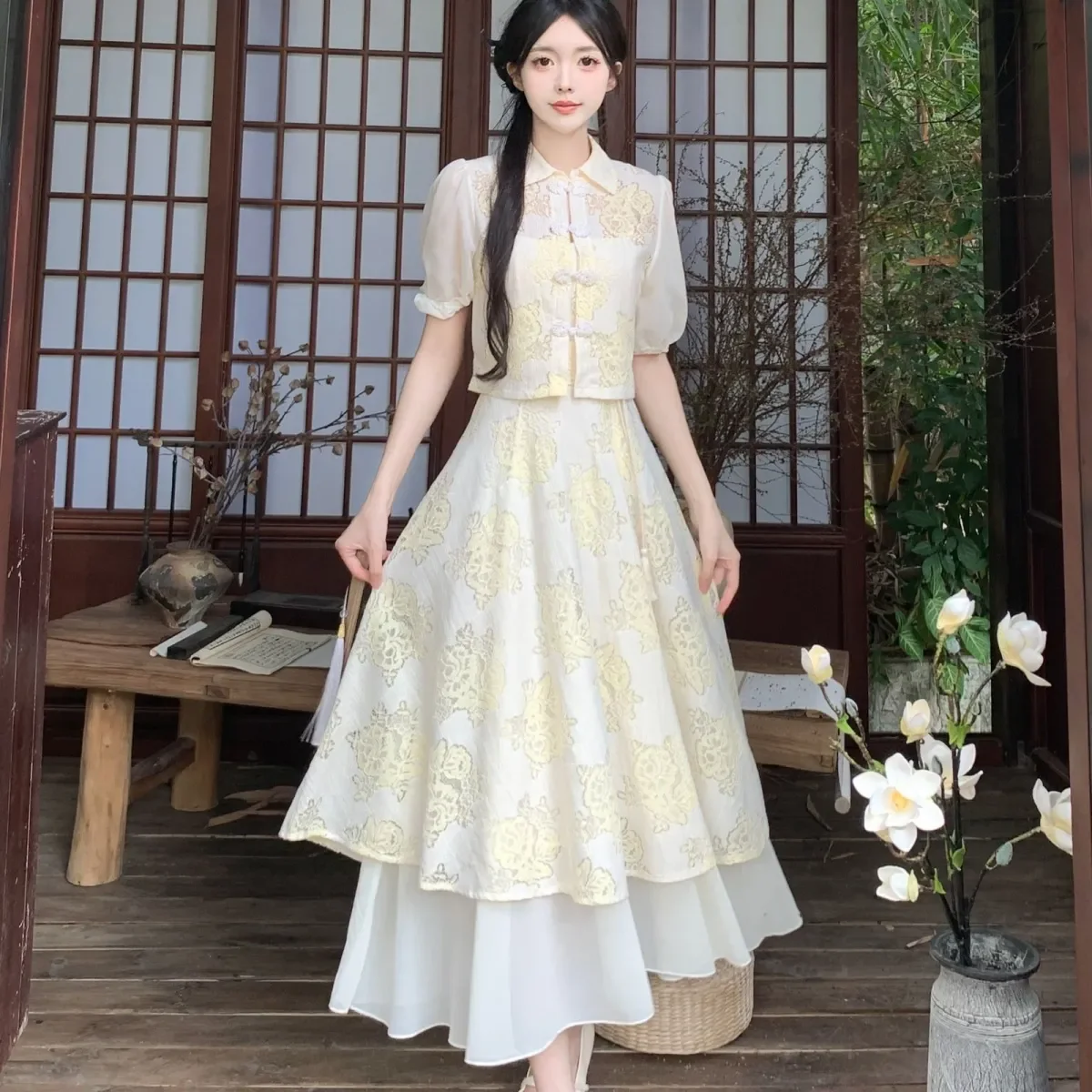 新しい中国風ツーピース衣装-女性用-花柄レース-フロッグノット-ショートブラウス-パフスリーブ-二重層-フローイングマキシスカート-漢服スーツ