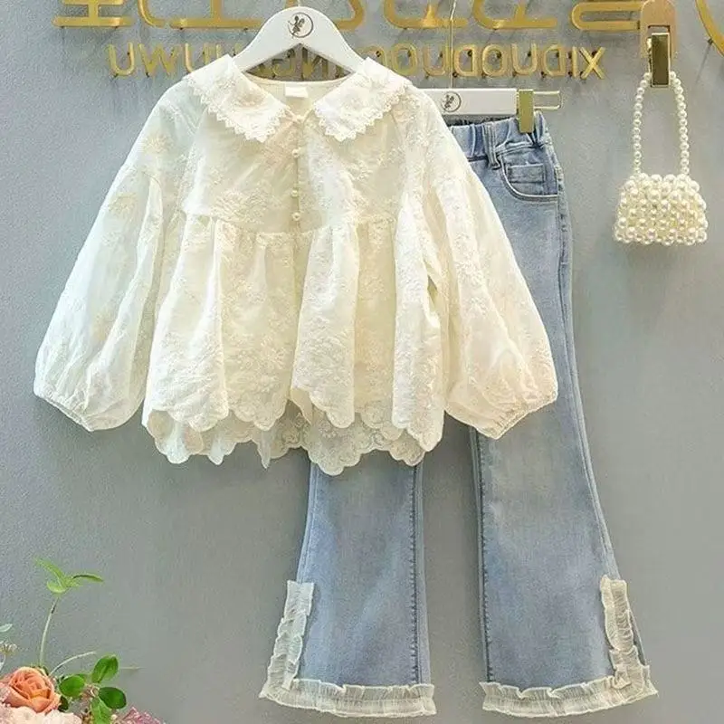 

Girls Autumn Set Lace Doll Neck Shirt Jeans Two-piece Set For Children's Spring Girl Clothes Clothing Set 2026 New Kids Clothes