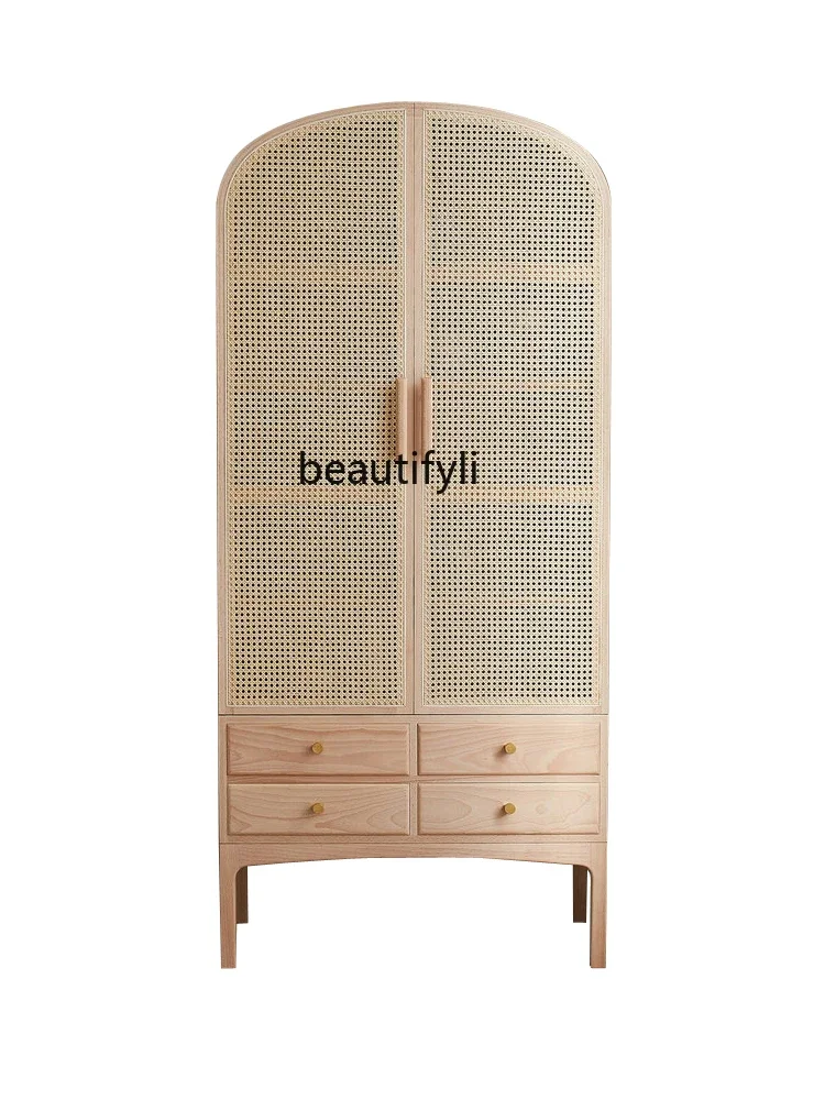 

Nordic Homestay Solid Wood Rattan Wardrobe Double Door Design Hotel Japanese Style Small Apartment Wood Color Storage Locker