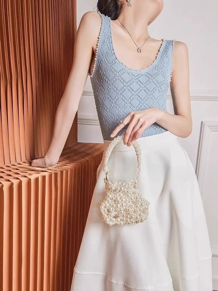 Ceco de Punto Ajustado, Prenda Interior con Diseño de Cuentas, Estilo Coreano Moderno, Cseta Informal de Verano para Co...