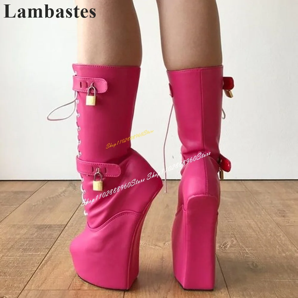 

Western Mid Calf Cross Tied Rose Red Platform Lock Boots High Heel Women Shoes Lace Up Round Toe 2024 Sexy Zapatos Para Mujere