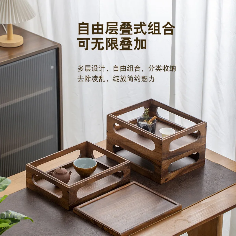 Walnut wood desktop storage box, solid wood stackable multi-layer cultural antique tea set, water cup storage box rack