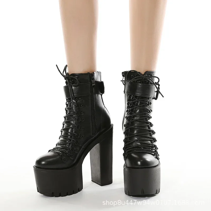 Spring Autumn Fashion Women Boots High Heels Platform Buckle Lace Up Leather Short Booties Black Ladies Shoes Promotion