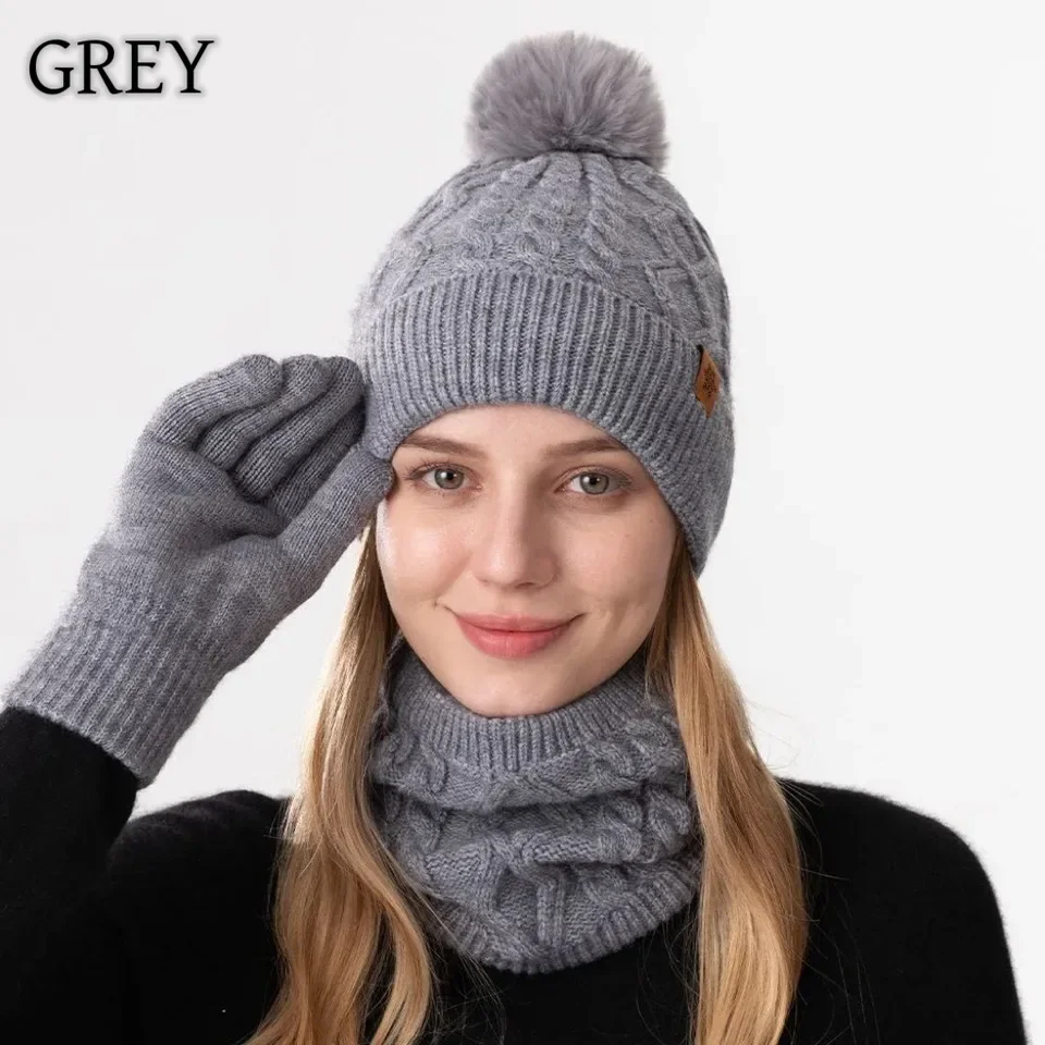 Winter-Set mit gestrickten Schals und Mützen und Handschuhen – mit Fleece gefüttertes warmes Thermo-Zubehör für Outdoor-Fahren