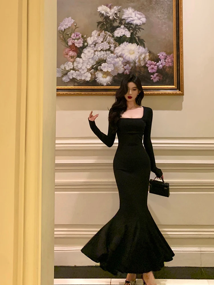 フランスのエレガントなスタイルのボディコンフィッシュテールロングドレス、スクエアネック、長袖、ハイウエスト、スリムフィット、黒のイブニングドレス、女性用、秋