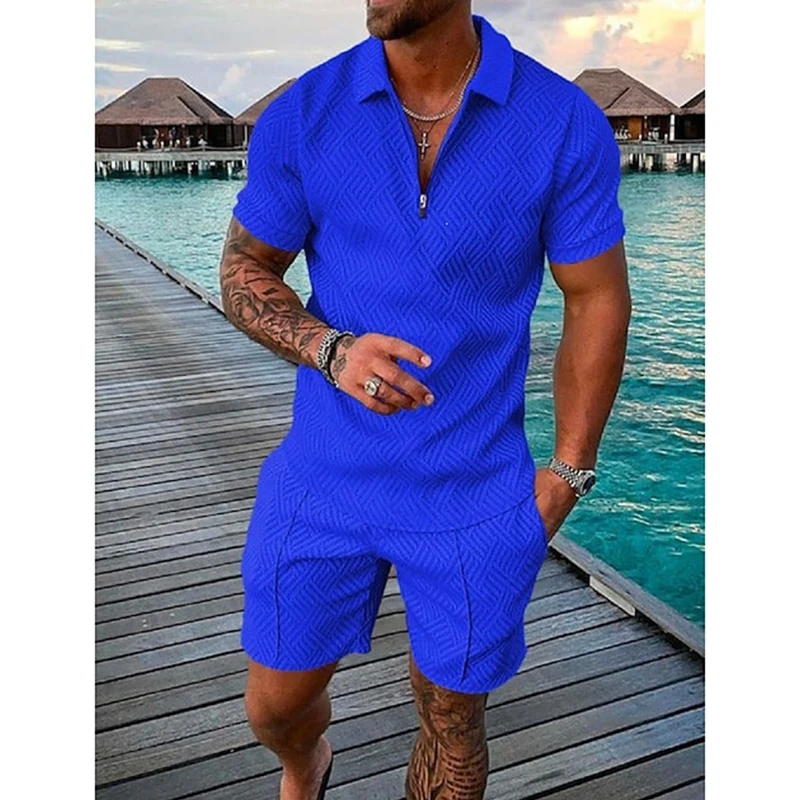 Fashion Men\'s Sportswear Printed 3D Solid Color Oversized Men\'s Loose Zip-up Lapel Top Summer Casual Breathable Refreshing Suit