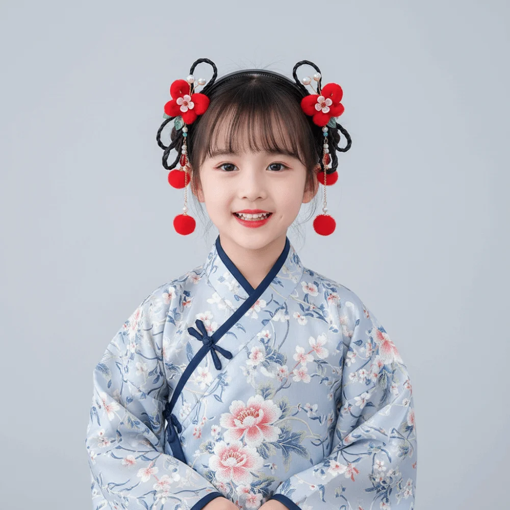 

Lovely Flower Children Wig Headband Butterfly Tassel Hanfu Headwear Tang Suit Hair Hoop Chinese New Year Headwear Daily