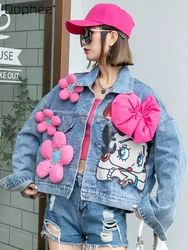 Heavy Industry Cartoon Beaded Sequined Three-Dimensional Bow Long Sleeve Denim Jacket for Women 2023 Spring New Loose Short Top