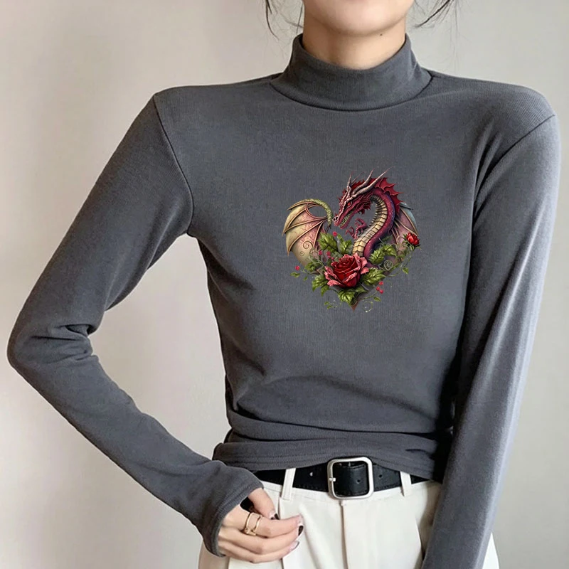 Winter Women's Thermal Brushed Fleece Half Mock Neck Long Sleeve T Shirt Dragon Heart Red Roses Graphic Warm Tee