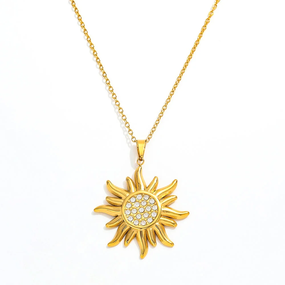 

Joolim Jewelry Wholesale Waterproof Luxury Shiny Fashion 5A Zirconia Sun Roman Circle Pendant Stainless Steel Necklace for Wom
