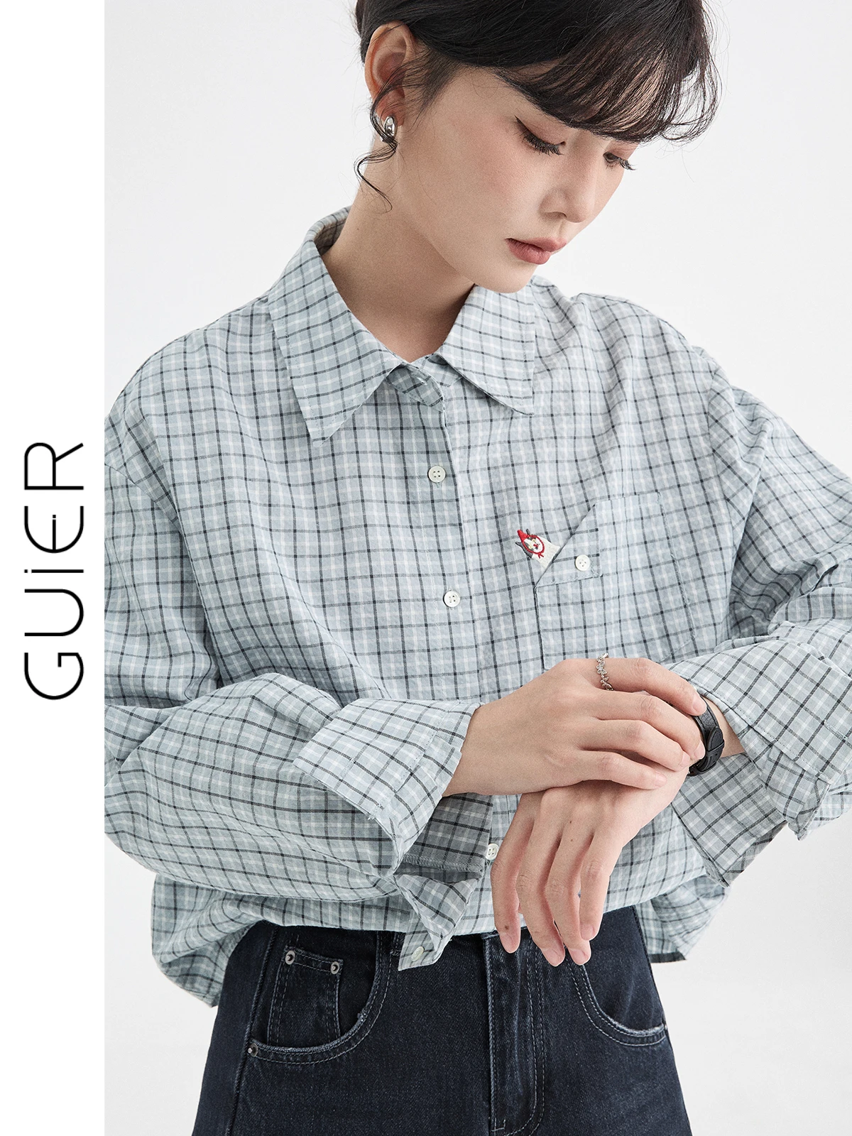 

Женская рубашка из чистого хлопка в клетку, новинка весенней коллекции, в стиле ретро, с вышивкой, повседневная, свободного кроя, универсальная, с открытым воротником-кардиганом