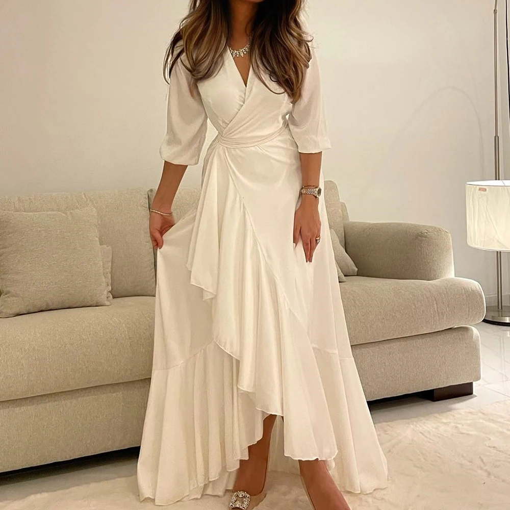 

Dubai Evening Caftan Dress V-Neck Sleeveless 4/3 Sleeve High-Low Pleats Solid Color Floor Length Half Sleeve Quinceanera Dress