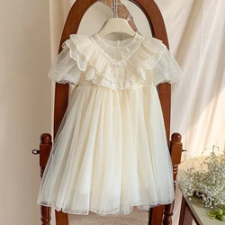 Summer girl's kid clothes pearl sweet bow short sleeved round neck dress princess dress party dress baby dress