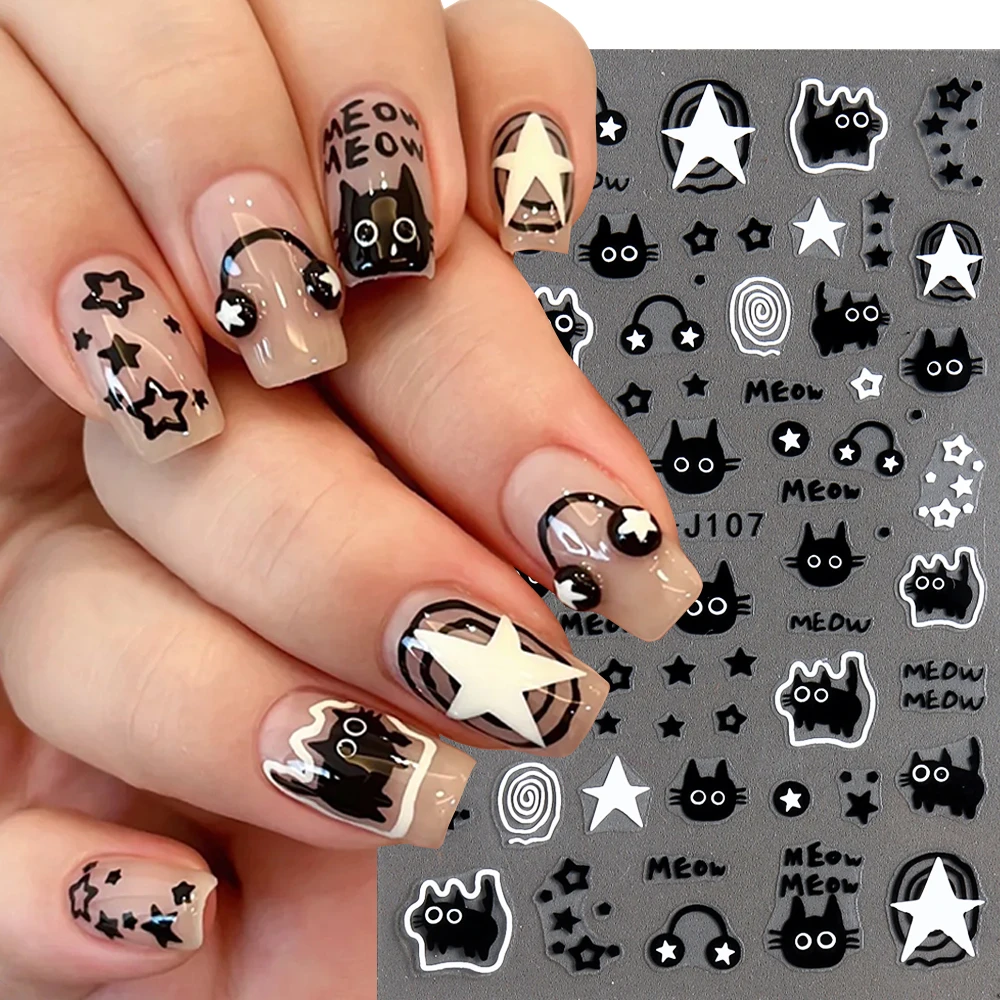 

3D Cartoon Cat Nail Stickers Cute Meow Black White Star Graffiti Nail Decals Childlike Sticker DIY Charms Manicure Decor LEBLS-J