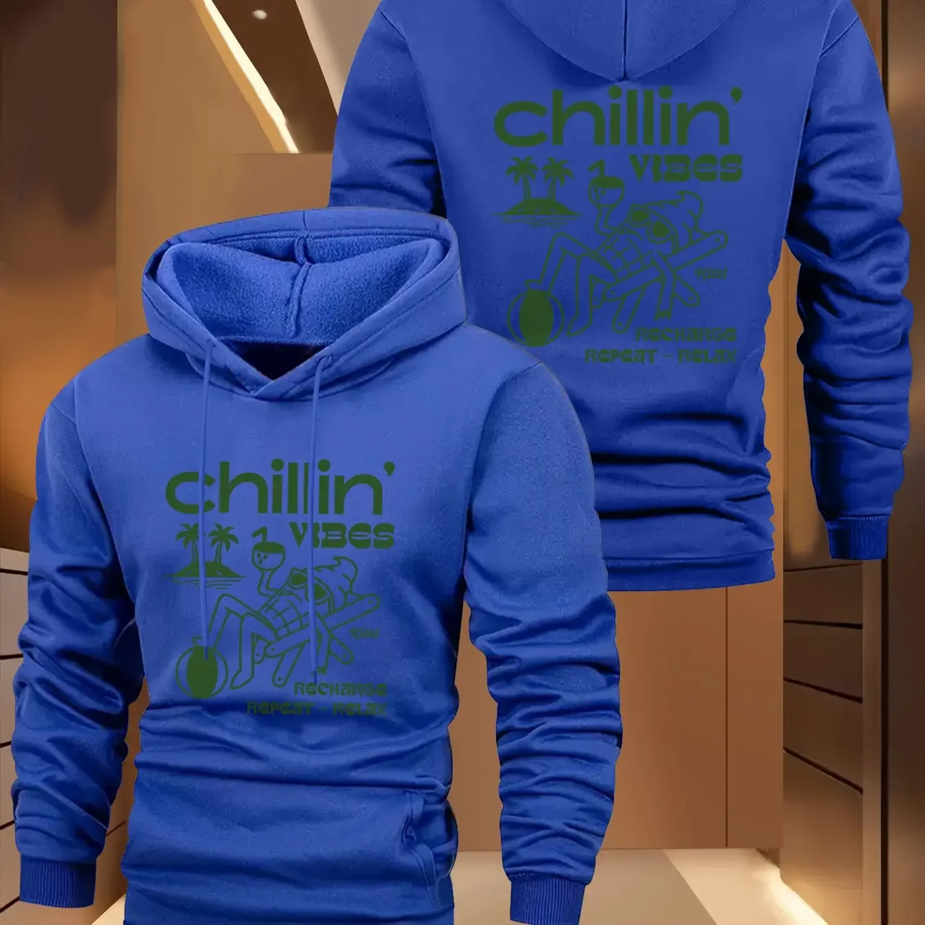 Men's Fashion Pullover Hooded Sweatshirt Tropical Island Lounge Chair Coconut Cocktail Relaxation Pattern